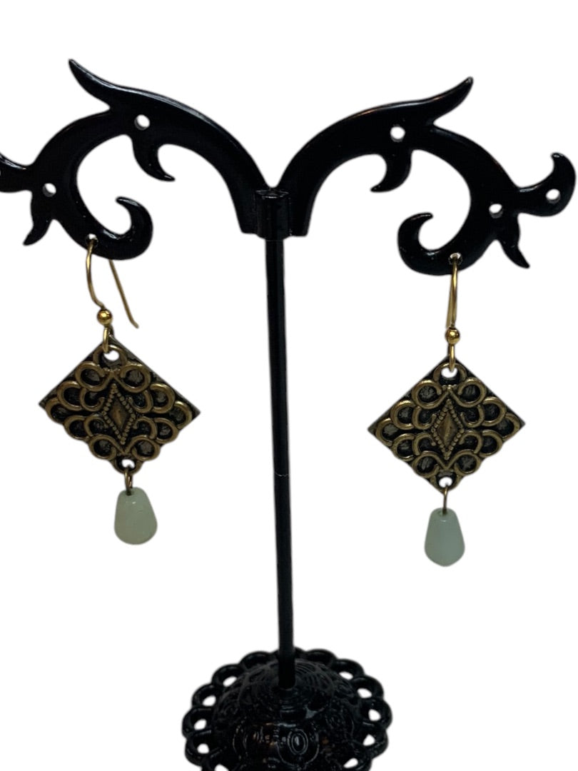 Vintage Antiqued Goldtone Hook Pierced Earrings Green Glass 2.7" Drop Dangle