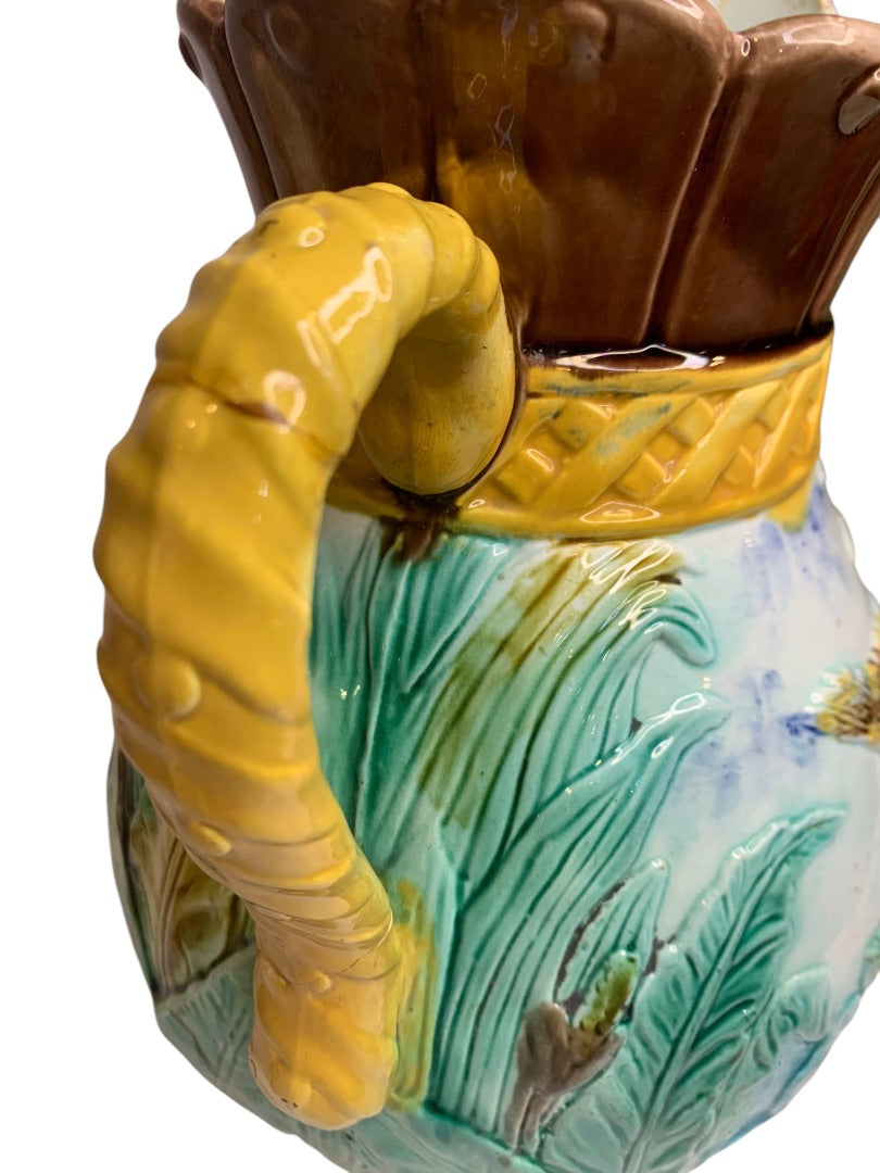 Antique Majolica Pitcher Heron 8 Inch Vibrant Color 1880s Marked