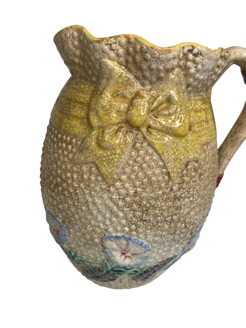Antique Majolica Pitcher Pottery Wildflower Yellow Bow 7.5 Inch