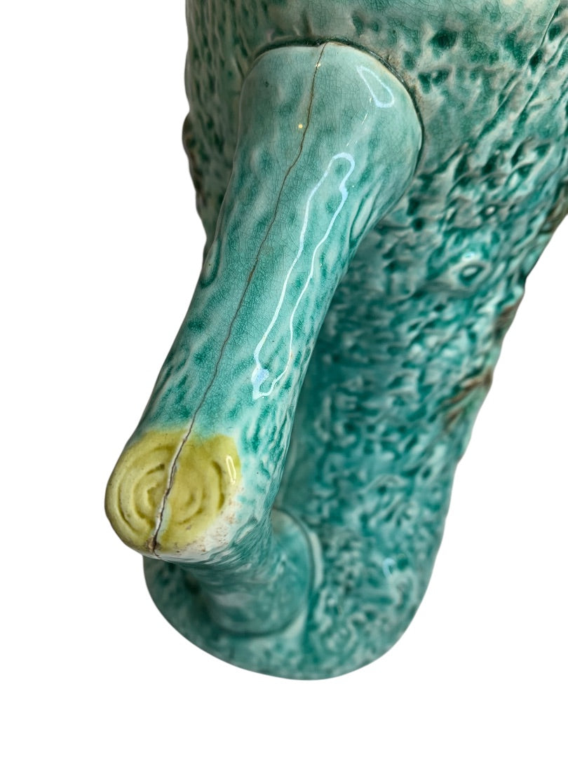 Antique Majolica Turquoise Adirondak Tree Trunk Pitcher Missing Spout