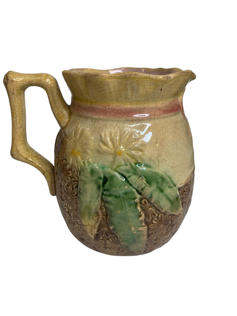 Antique Majolica Pottery Pitcher Daisy Bow Trim 6 Inch