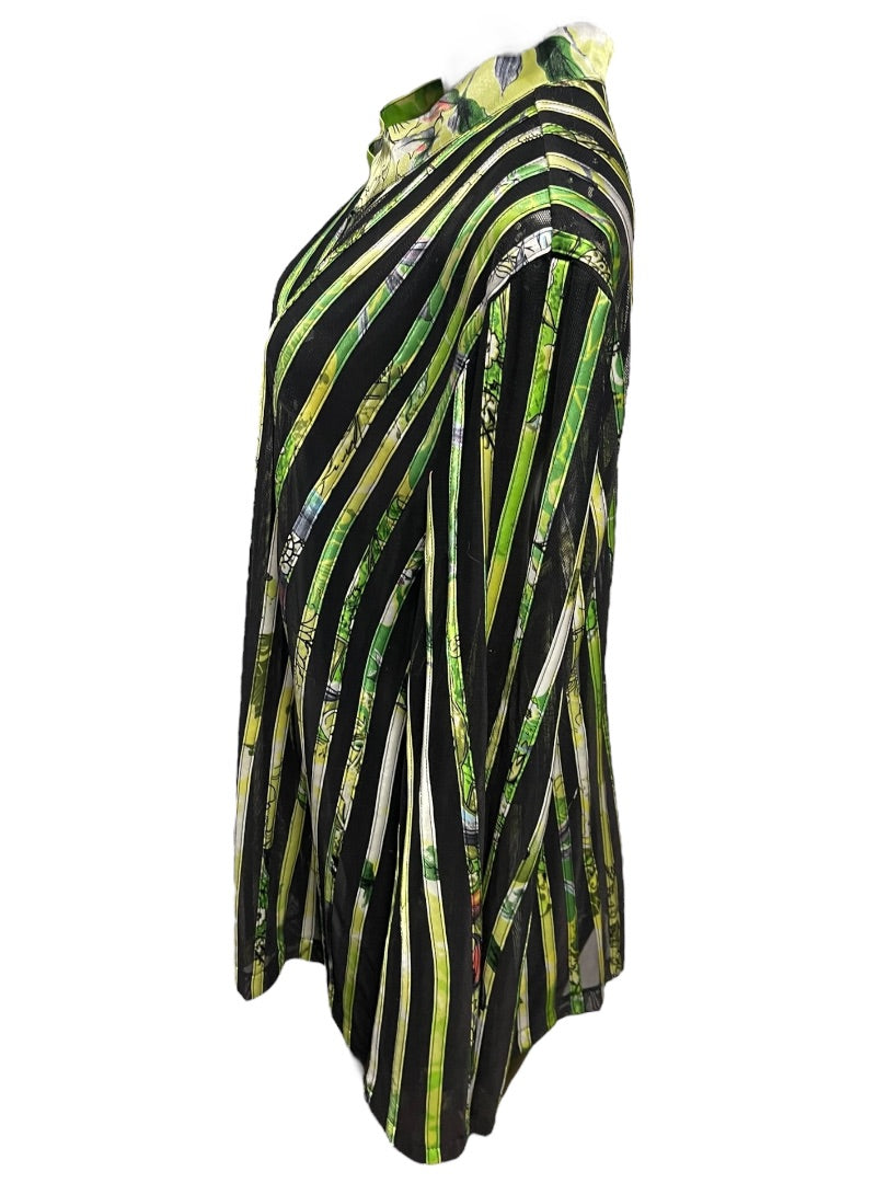 24W JS Collection Woman Striped Floral Sheer Longsleeve Zipper Shirt
