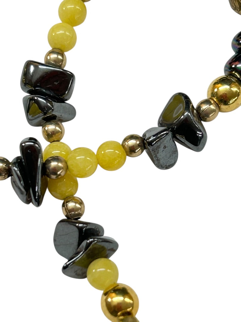 Beaded 7.25 Inch Bracelet Yellow Goldtone Gray Spring Clasp