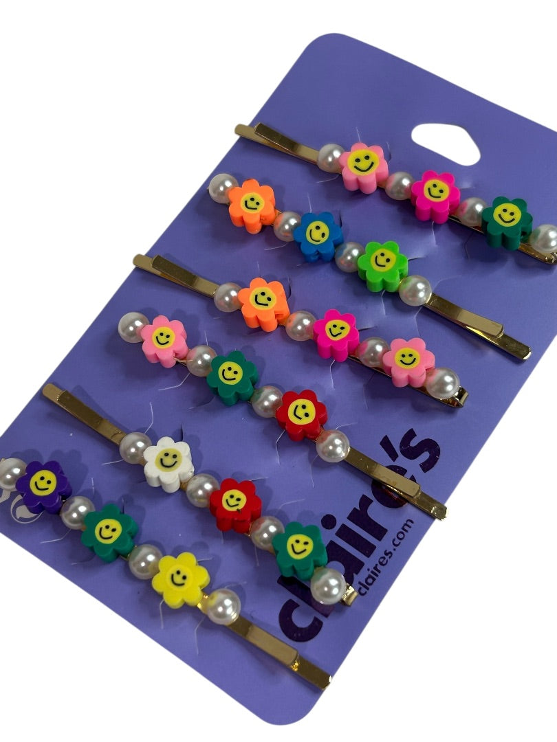 Claires New Rainbow Flower Smiley Face Bobby Pin Faux Pearl Set of 6