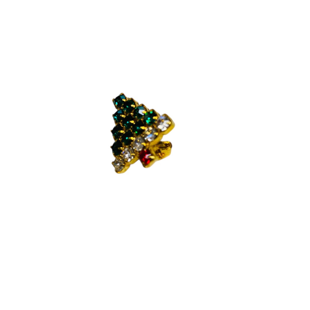 Goldtone Rhinestone Small Christmas Tree Brooch .5 Inch Red Green Vintage