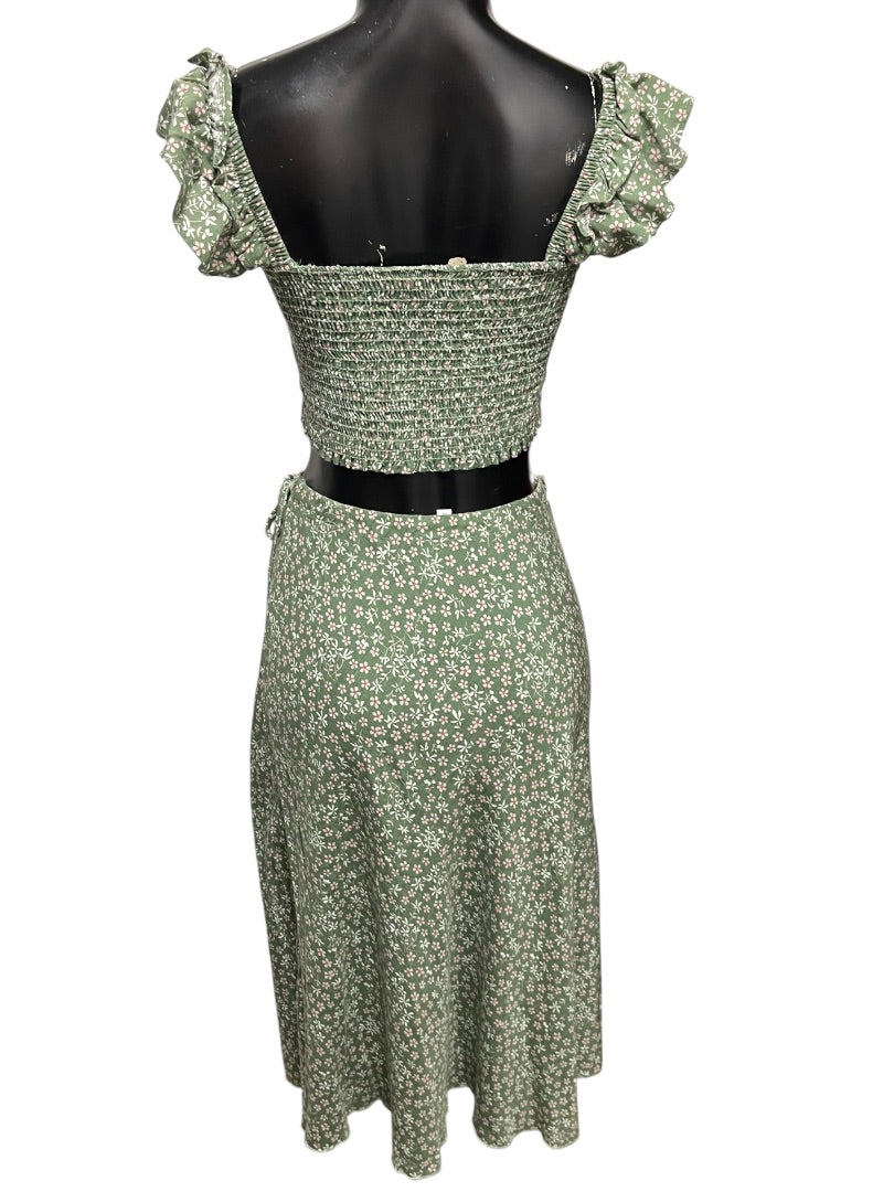 Small Hashtag 2 Piece Outfit Half Wrap Skirt & Smocked Crop Shirt Green