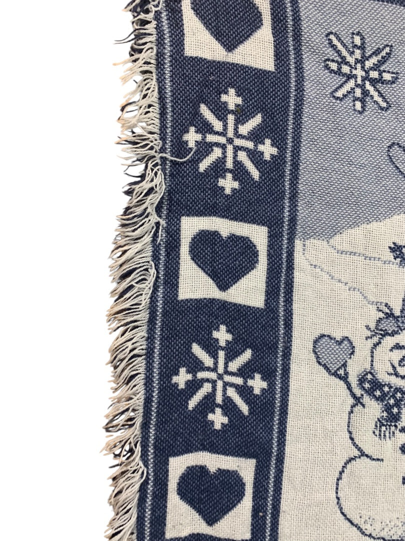 Vintage Woven Throw Blanket Welcome to Snowtown Fringed Blue 56" x 47"
