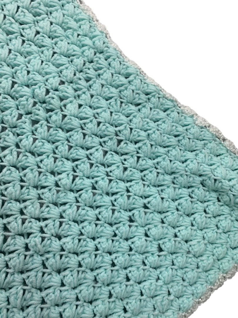 Vintage Mint Green Baby Blanket Crochet White Trim 37" x 34" Hood