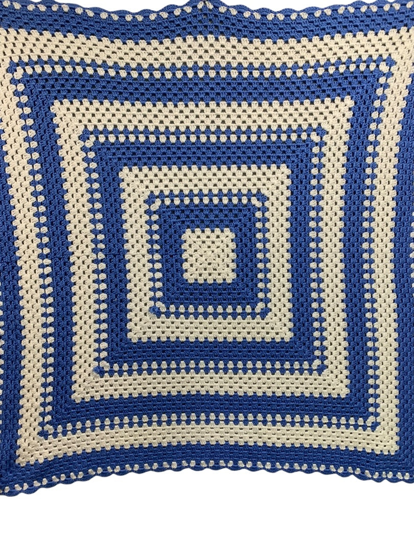 Vintage Crochet Boho Blue White Afghan Blanket Throw 40" Square