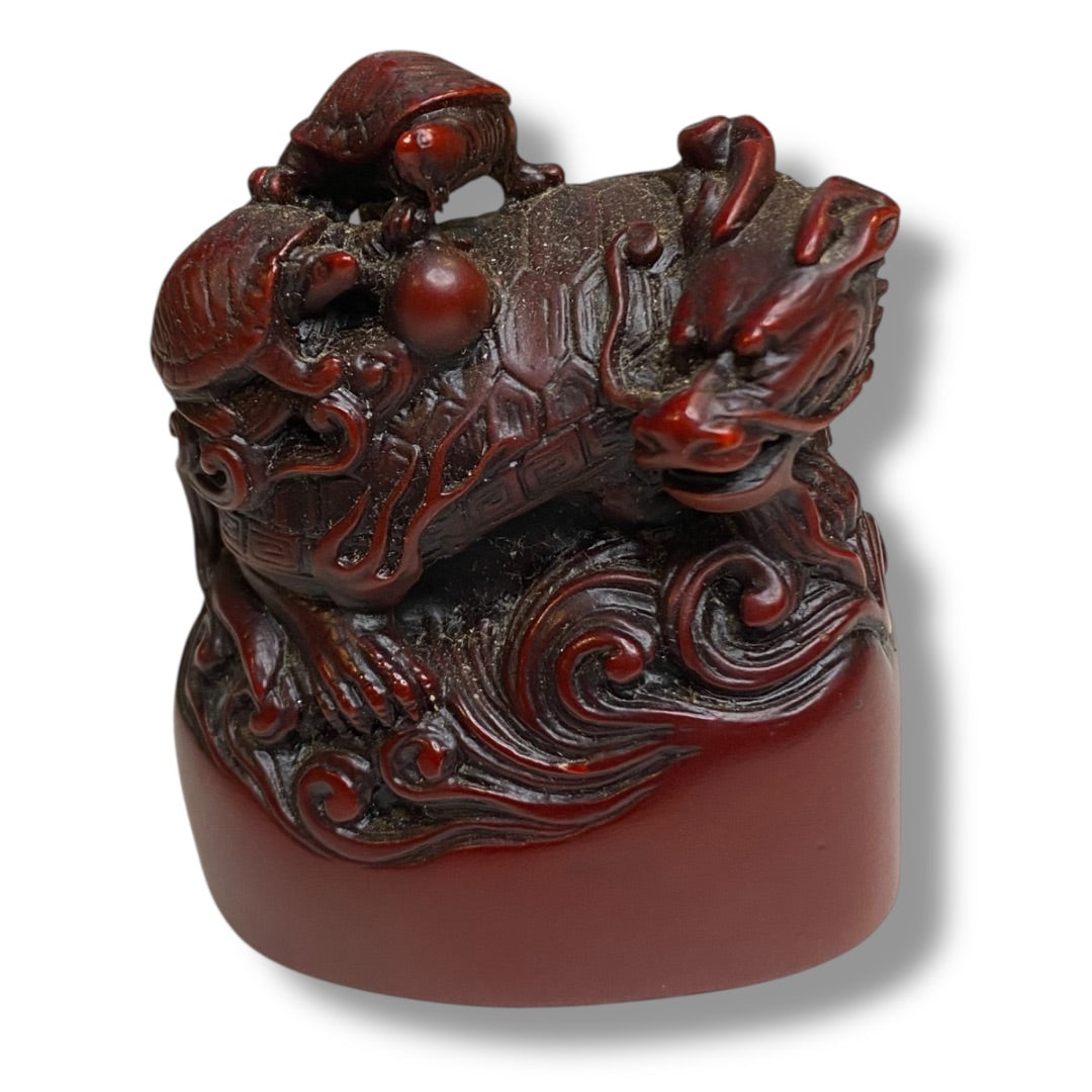 Vintage Red Resin Paperweight Figurine Dragon Turtles 2.5"