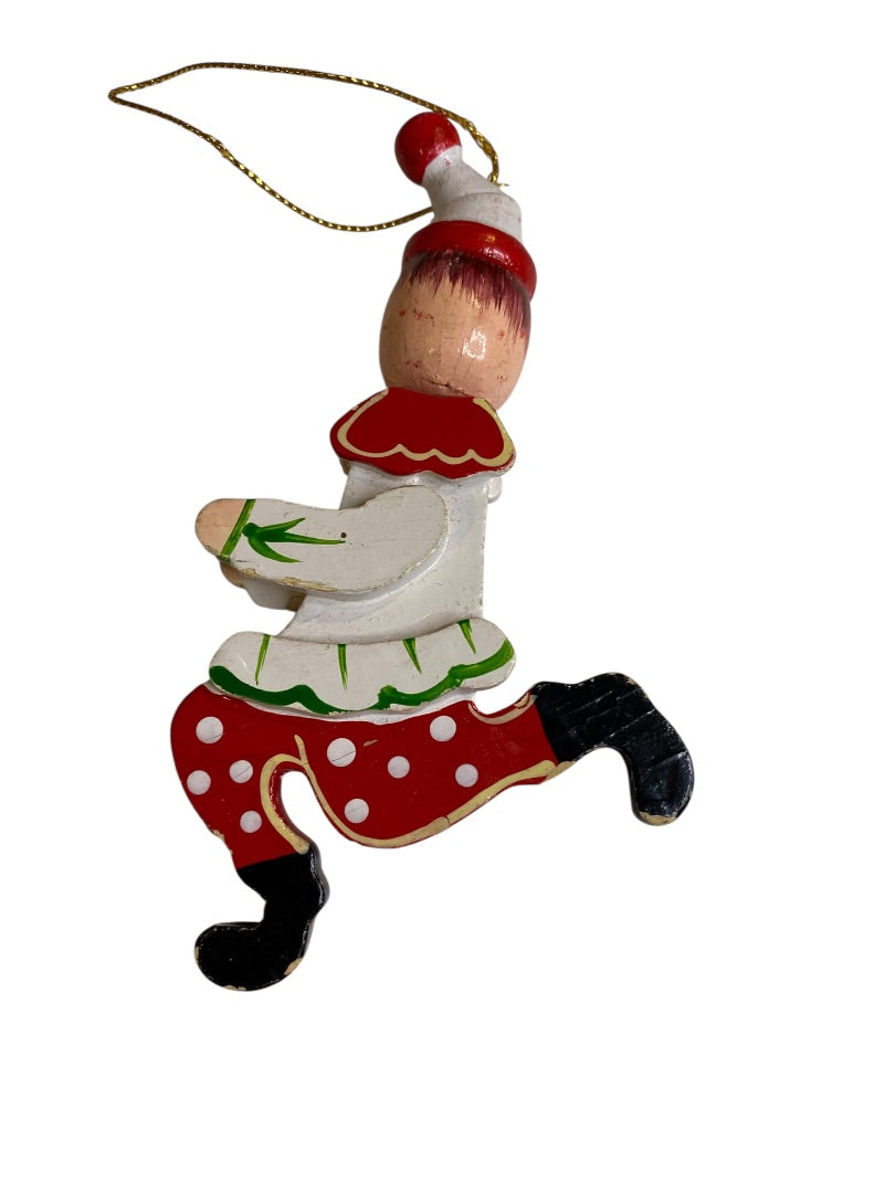 Vintage Wooden Christmas Ornament Running Jester Clown 4.75"