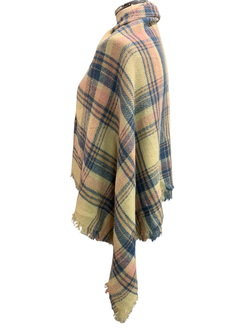 Soft Pastel Plaid Shawl Fringed 56" Square Wrap