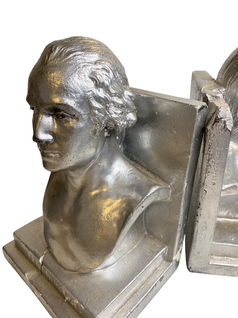 1960 Distressed Pair of Bookends Silver Bust of Washington Plaster Creepy