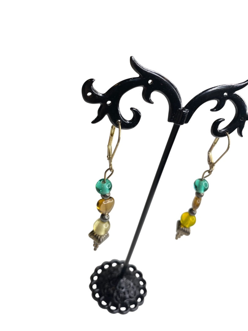 Goldtone Leverback Pierced Earrings 2.25" Beaded Drop Multicolor