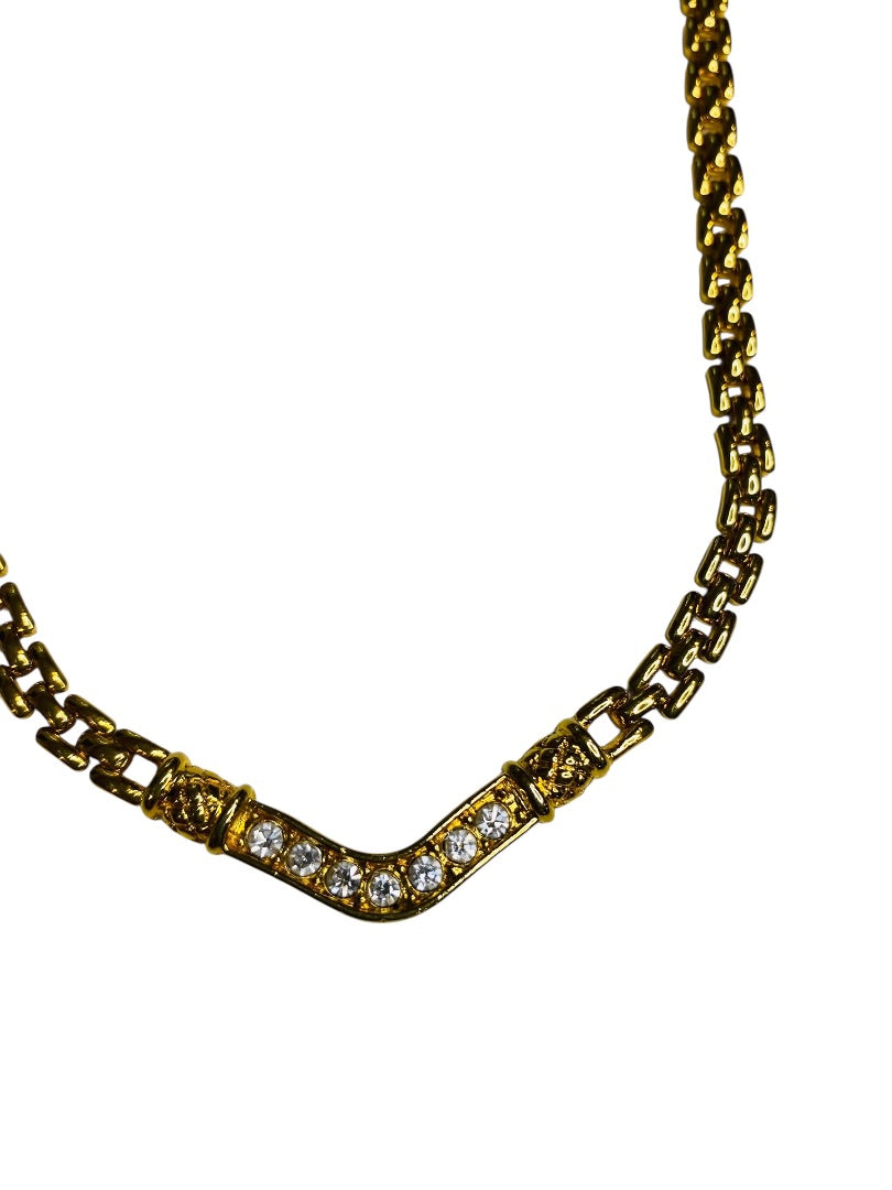 Goldtone V Necklace Shiny Rhinestone 17" Foldover Clasp
