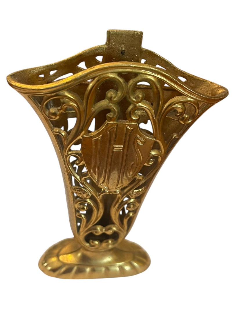 Goldtone Crucifix Vase Decor Scrolled Open 5.5"h
