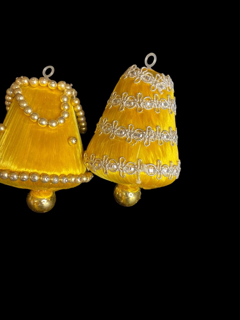 Set of 2 Vintage Christmas Ornaments Satin Spun Goldtone Bell 3"