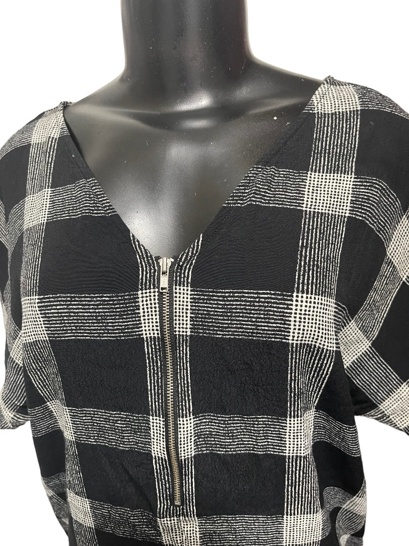 XS Madewell V-Neck Shift Dress Oversize Black White Plaid Lightweight