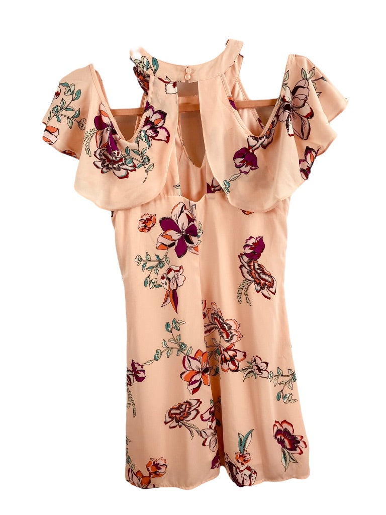 XS Candie's Pink Lined Cold Shoulder Halter Shift Dress Floral