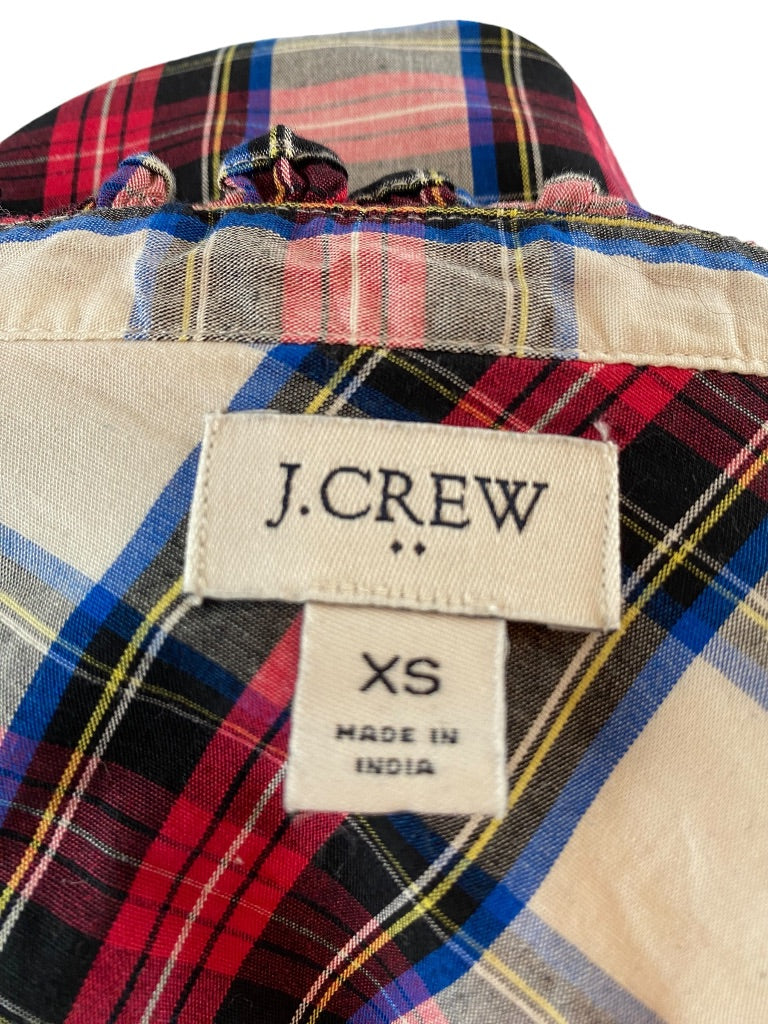 XS J.Crew Womens Plaid Button Up Ruffle Collar Blouse Stretch Cotton