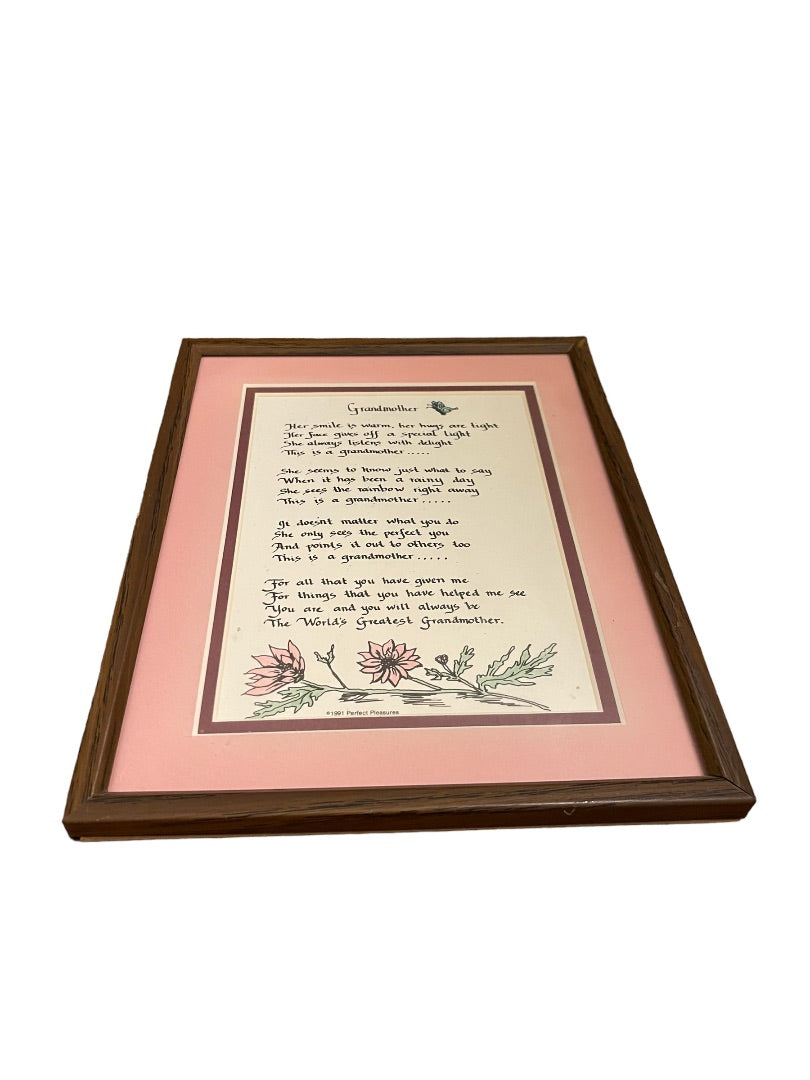 Grandmother Framed Matted Poem Pink Wall Hanging or Freestanding