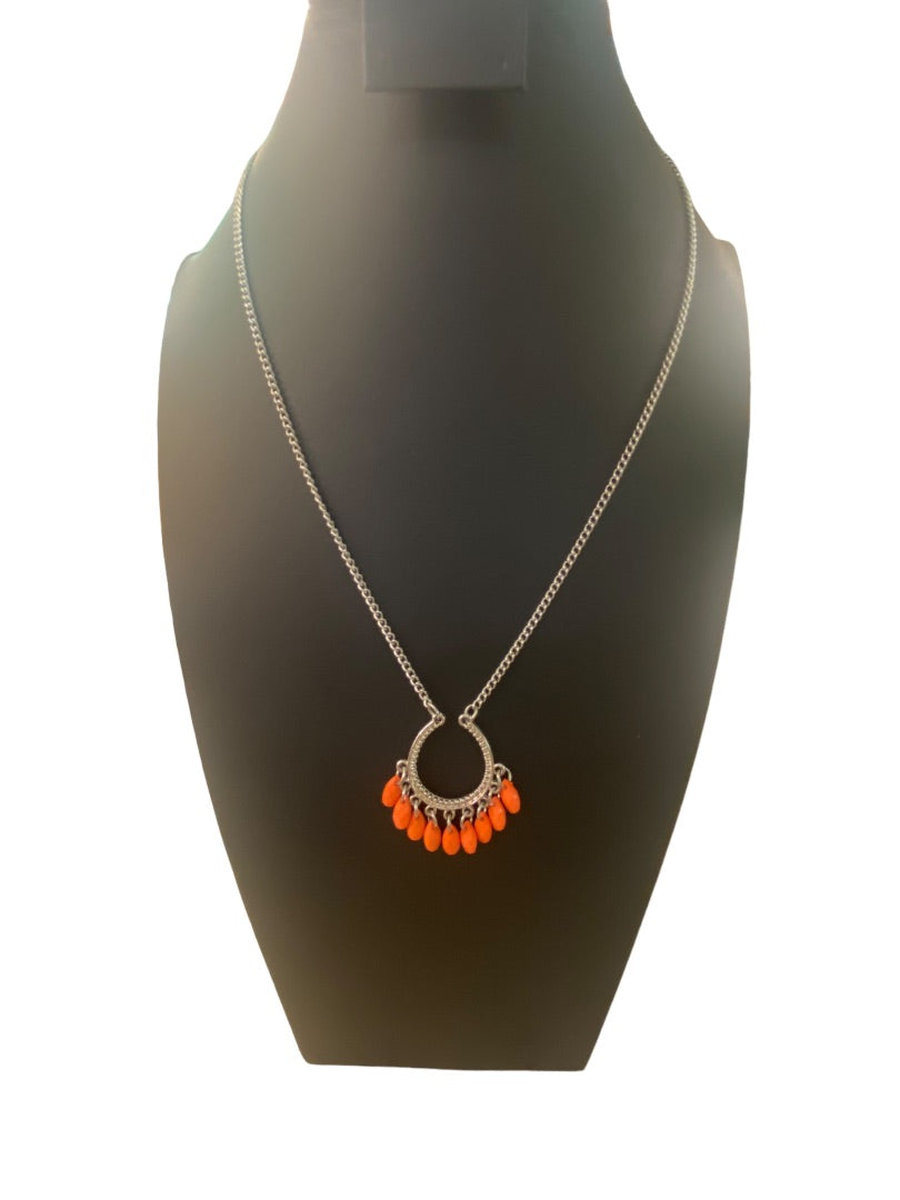 Silvertone 22" Necklace Coral Acrylic Beaded Attached Pendant Necklace