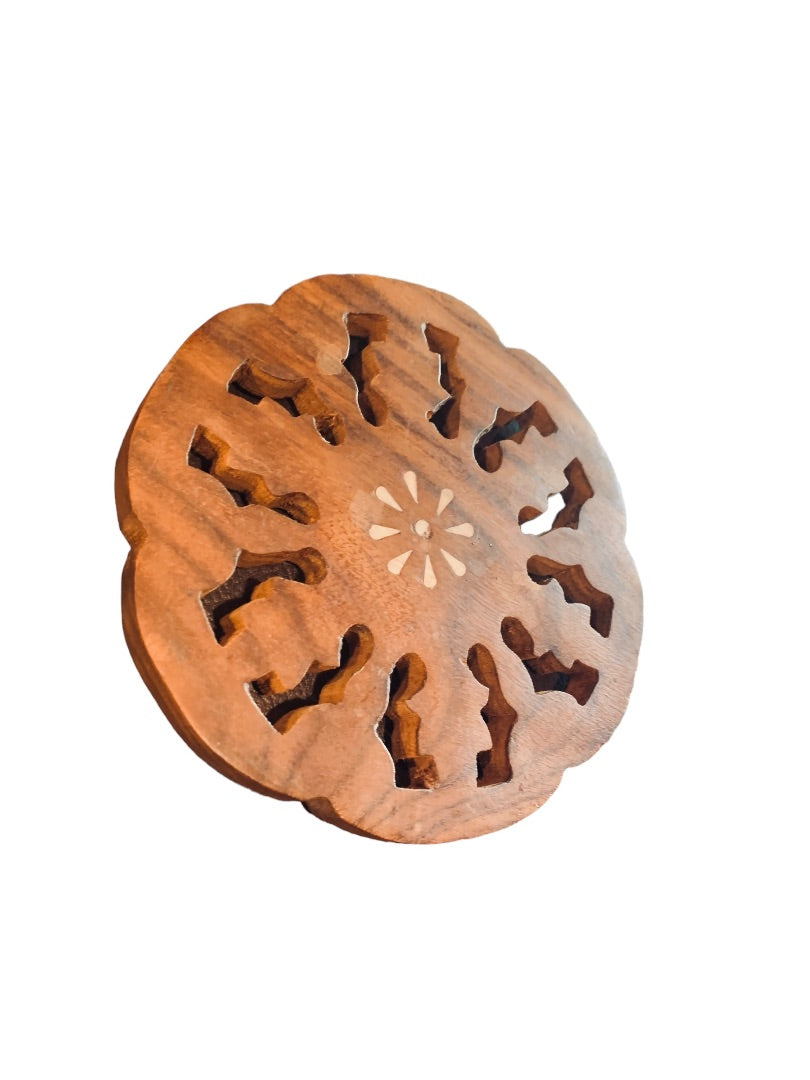 1970s Vintage Wooden Trivet 6" White Inlay Wooden Plant Tray Felt Feet