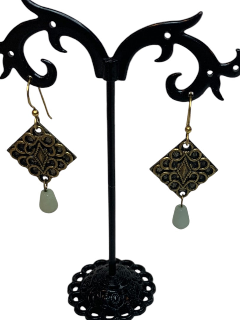 Vintage Antiqued Goldtone Hook Pierced Earrings Green Glass 2.7" Drop Dangle