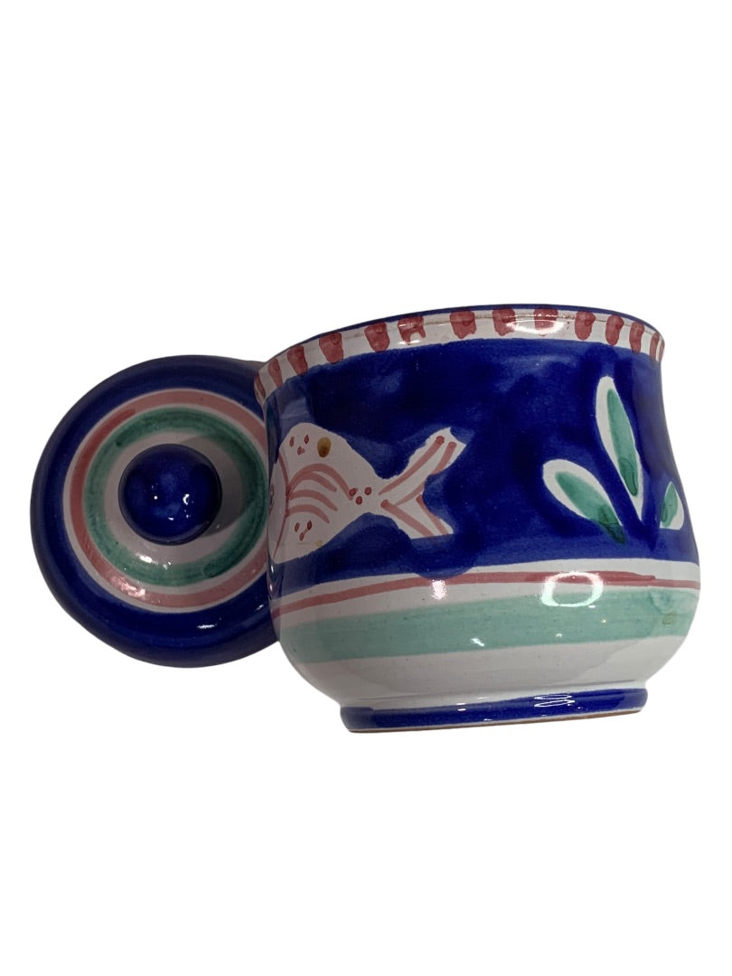 La Musa Vintage Italy Ceramic Fish Blue Lidded Sugar Jar 5 Inch