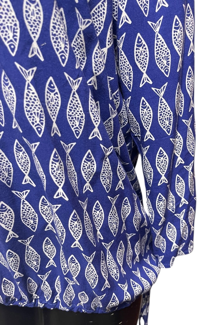 XL West Indies Womens Fish Print Pullover Blouse Shirt Bottom Drawstring