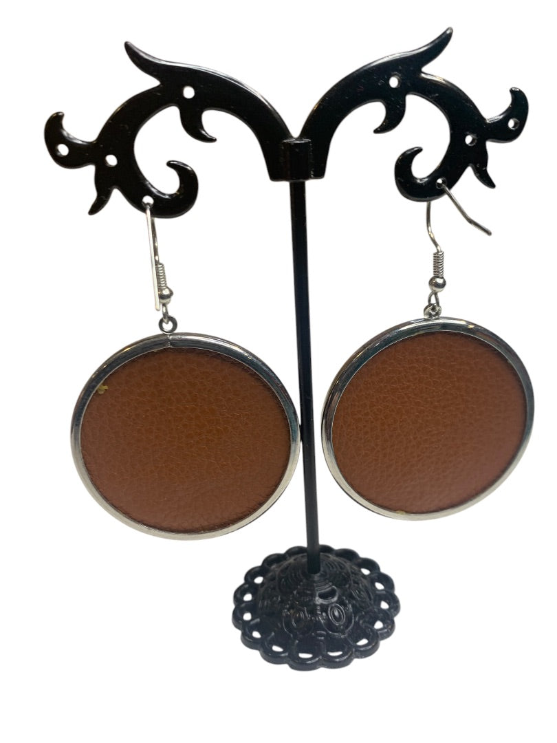 Silvertone Embroidered Faux Leather Sunflower Hook Pierced Earrings