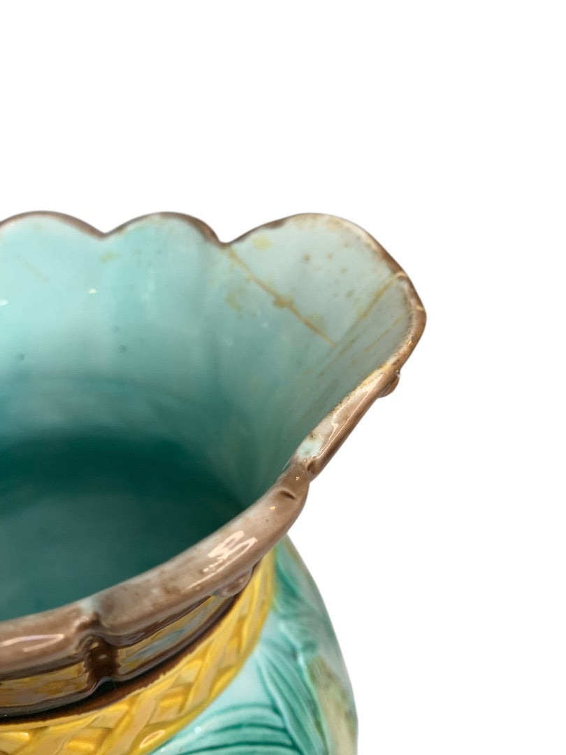 Antique Majolica Pitcher Heron 8 Inch Vibrant Color 1880s Marked