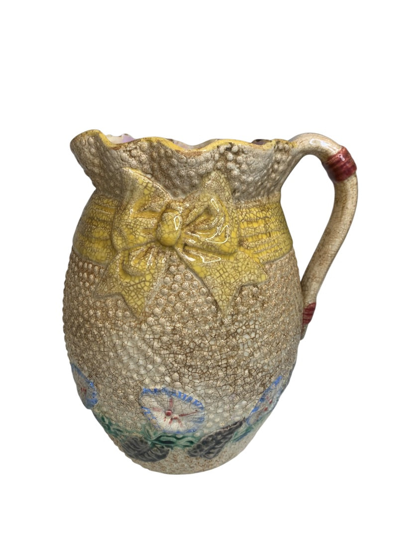 Antique Majolica Pitcher Pottery Wildflower Yellow Bow 7.5 Inch