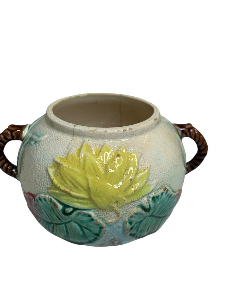 Antique Majolica Water Lily Pond Rope Sugar Bowl Handled
