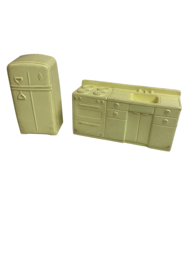 1950s Marx Miniature Dollhouse Yellow Plastic Kitchen Set 2 Piece