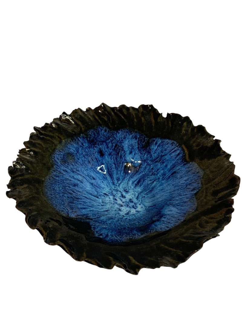 Art Pottery Signed Blue Black Bowl Textured Edge Vintage 7 Inch Diameter