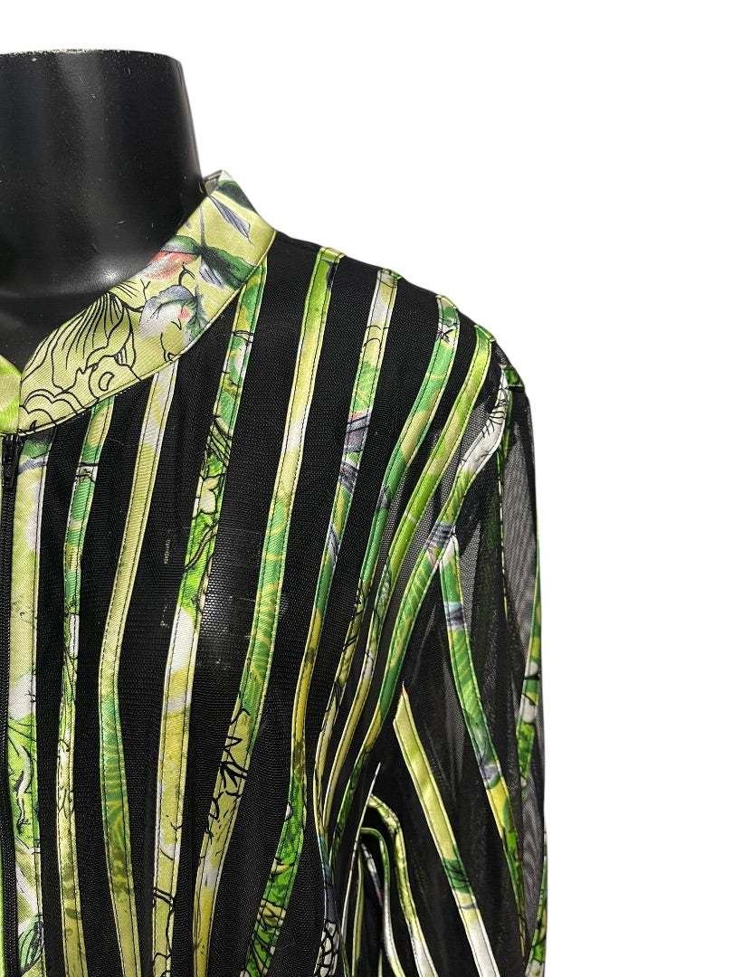 24W JS Collection Woman Striped Floral Sheer Longsleeve Zipper Shirt