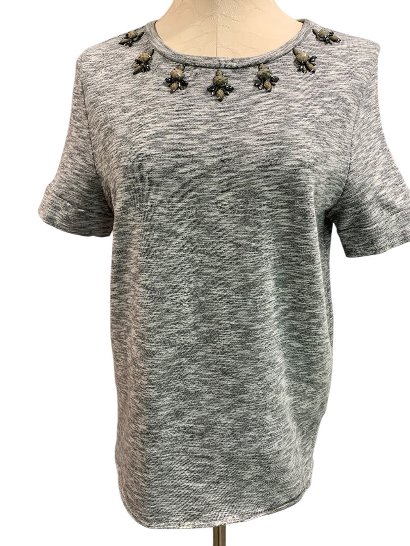 Large Petite Ann Taylor Loft Embellished Terry Short Sleeve Shirt Gray
