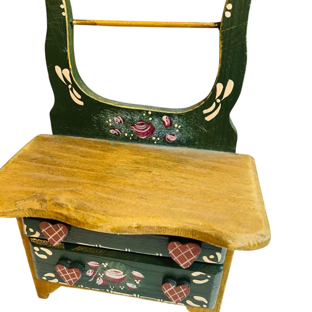 1980s Miniature Dollhouse Wash Basin Stand Rosemaling Hunter Green 6.75 Inch