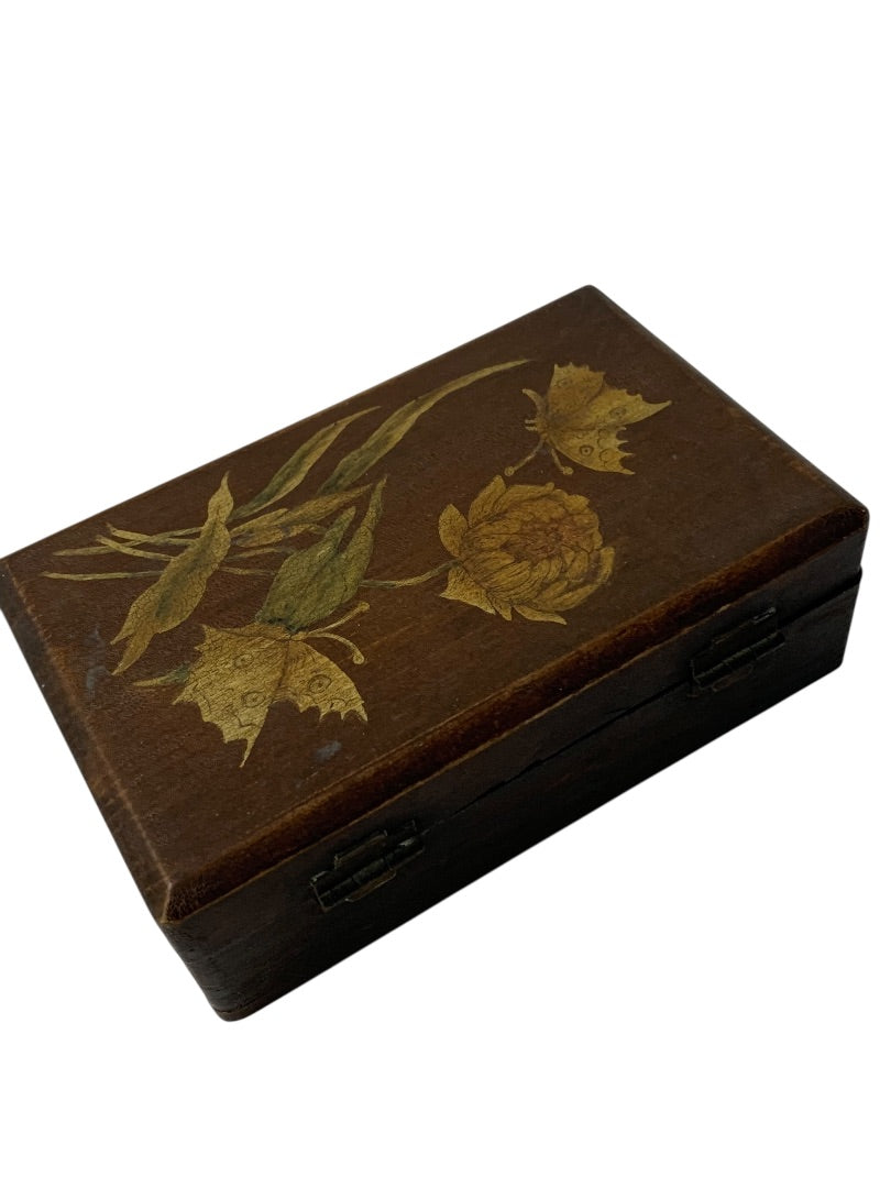 Vintage Wooden Hinged Box Rose Butterfly Painted 5.75 x 3.5 x 1.75"h