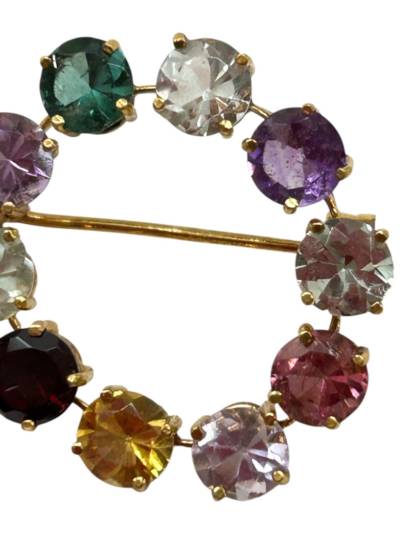 Multicolor Crystal Goldtone Brooch Pin Small 1 Inch Wreath Open