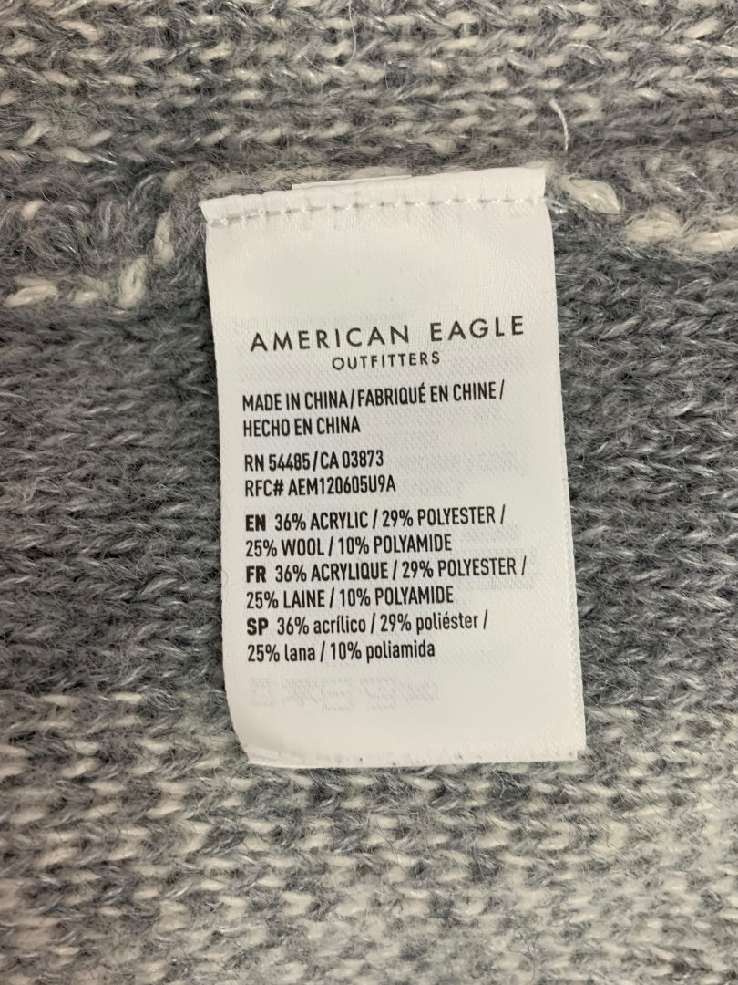XS American Eagle Womens Open Cardigan Sweater Long Pockets Gray Plaid Wool Blend