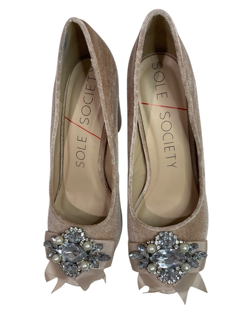 Size 5.5 Sole Society Womens Beige Velvet Embellished 3" Block Heels