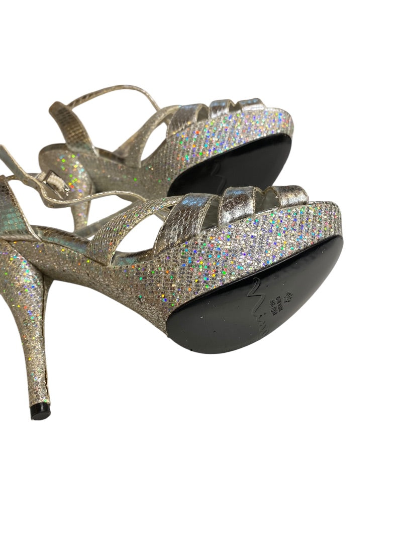 Size 7.5 Nina Womens Silver Sandal Stiletto 4.5 Inch Heels Sparkle
