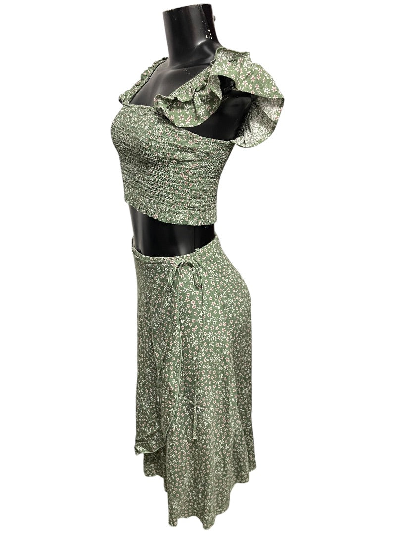 Small Hashtag 2 Piece Outfit Half Wrap Skirt & Smocked Crop Shirt Green