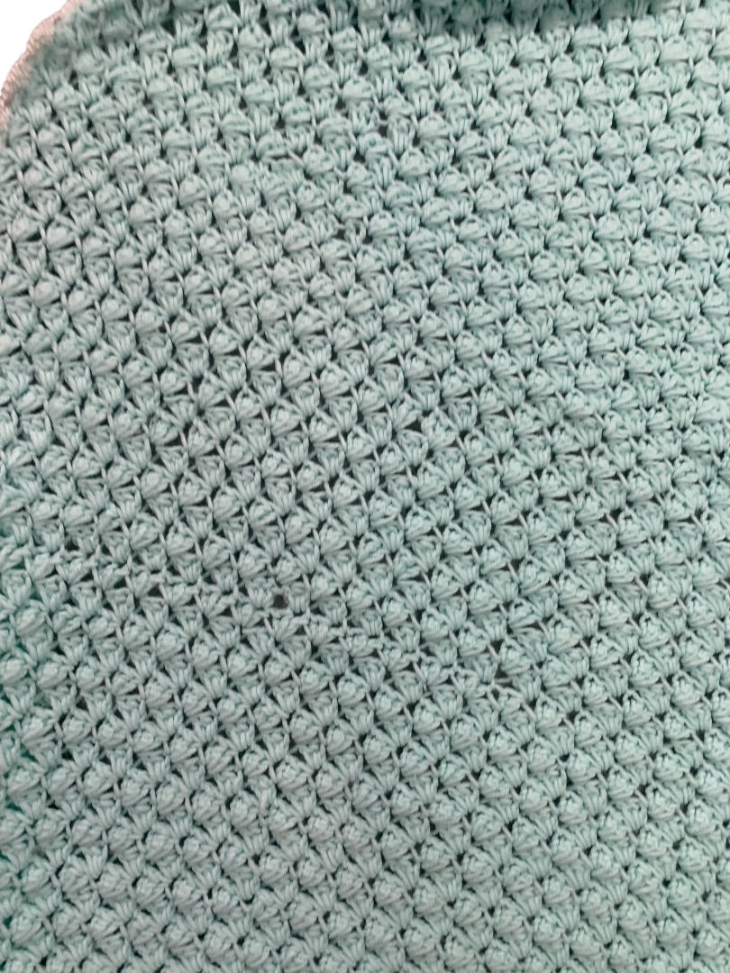 Vintage Mint Green Baby Blanket Crochet White Trim 37" x 34" Hood