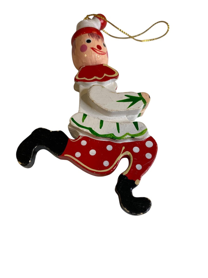 Vintage Wooden Christmas Ornament Running Jester Clown 4.75"