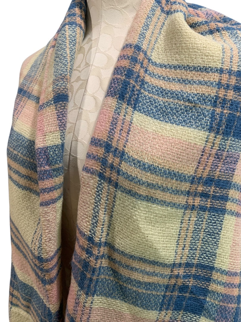 Soft Pastel Plaid Shawl Fringed 56" Square Wrap