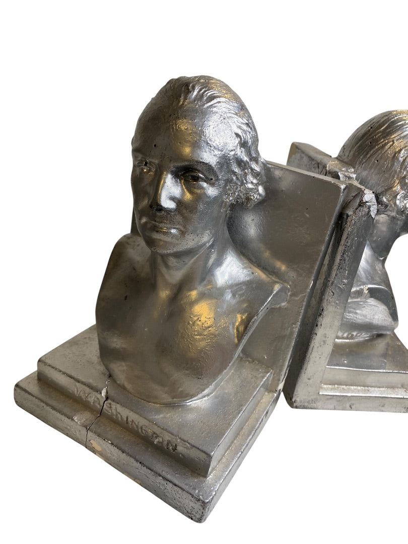 1960 Distressed Pair of Bookends Silver Bust of Washington Plaster Creepy