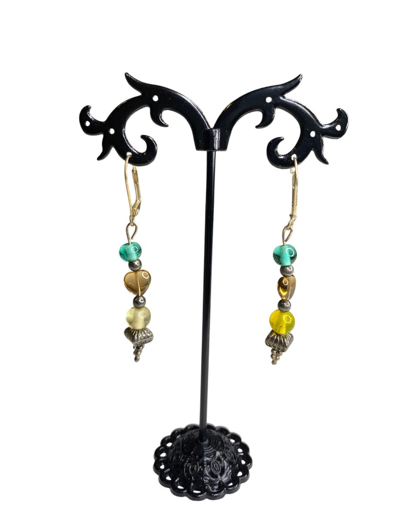 Goldtone Leverback Pierced Earrings 2.25" Beaded Drop Multicolor
